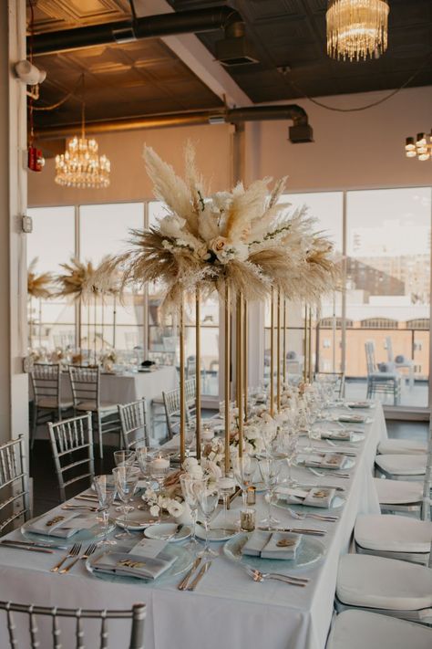 Planing Wedding, Rustic Chic Wedding Reception, Tall Boho Wedding Centerpieces, Neutral Party Centerpieces, Wedding Dresses New Years Eve, Champagne And Sage Wedding Theme, White Pampas Grass Wedding Centerpieces, Boho Indoor Wedding, Boho Glam Wedding Reception