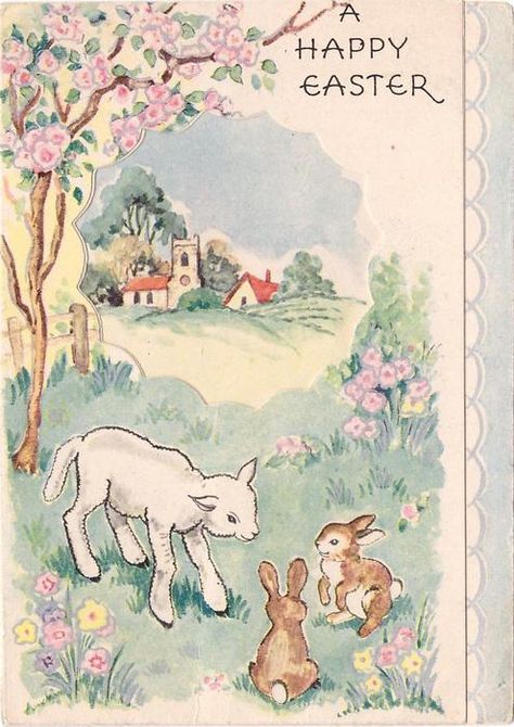 Vintage Happy Easter, Two Rabbits, Spring Magic, Vintage Easter Cards, Easter Illustration, Scallop Design, Happy Easter Wishes, Easter Lamb, Blue Panels