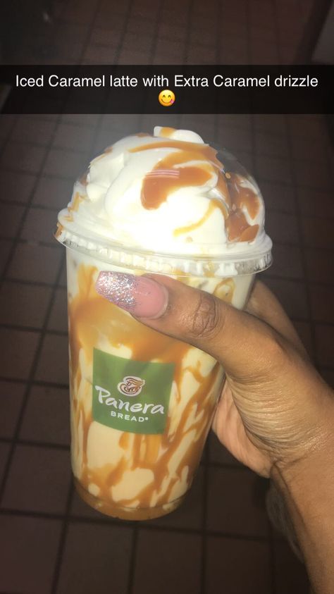 Panera Drinks, Caramel Latte Recipe, Iced Caramel Latte, Panera Bread, Caramel Latte, Latte Recipe, Starbucks Drinks, Treat Recipe, Chip Bag