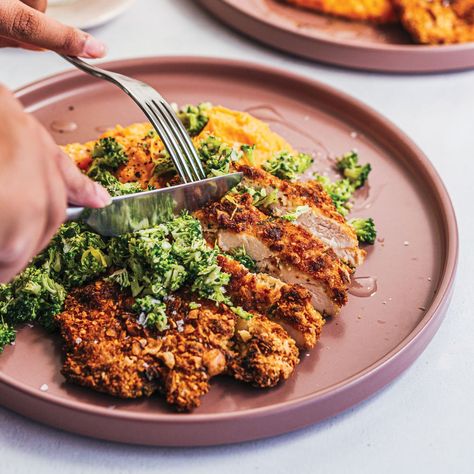 Hazelnut crusted chicken with broccoli gremolata recipe - Spinneys UAE Hazelnut Crusted Chicken, Hazelnut Chicken, Gremolata Recipe, Chicken With Broccoli, Olive Dip, Arabic Bread, Bacon Sausage, Frozen Seafood, Midweek Meals