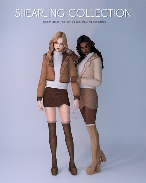 Leather Jacket + Mini Skirt - Shearling Collection | Patreon Sims 4 Family, Sims 4 Mm Cc, Sims 4 Cc Skin, Sims 4 Cc Folder, Sims 4 Dresses, Sims 4 Mm, Sims4 Clothes, Sims 4 Cc Packs, Sims 4 Collections