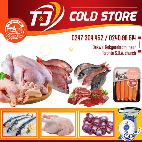 cold store banner design in ghana by oppomence graphics 0247369275 Frozen Food Design Banner, Frozen Food Flyer Design, Cold Store Banner Design, Cold Store Flyer Design, Store Banner Design, Barbershop Poster, Meat Delivery, Facebook Post Design, Food Truck Festival