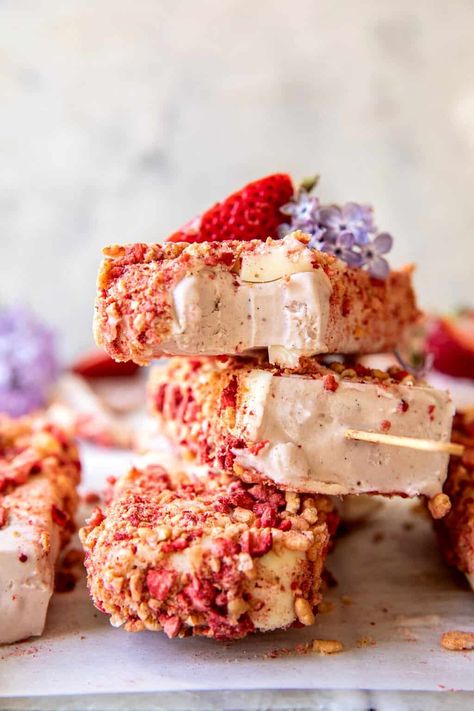 Homemade Strawberry Shortcake Ice Cream Bars | halfbakedharvest.com Waffle Cone Ice Cream Sandwich, Strawberry Shortcake Ice Cream Bars, Summer Popsicle Recipes, Strawberry Shortcake Bars, Homemade Strawberry Shortcake, Strawberry Shortcake Ice Cream, Half Baked Harvest Recipes, Ice Cream Bars, Homemade Strawberry Jam