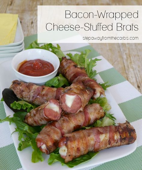 Bacon Wrapped Cheese Stuffed Brats - perfect for low carb and keto grilling! Cheese Stuffed Brats, Stuffed Brats, Bacon Wrapped Cheese, Brats Recipes, Best Low Carb Recipes, Hot Dog Recipes, Cheese Stuffed, Keto Foods, Bacon Recipes