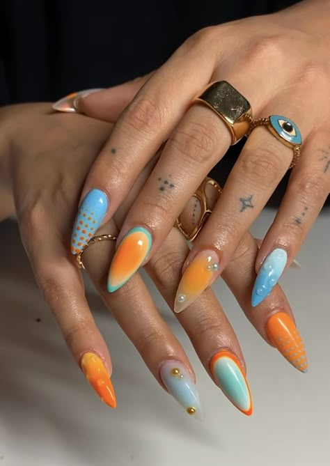 Different Nails, Pink Funky Nails, Festival Nail Ideas, Brat Nails, Miami Nails Ideas, Nail Design Glitter, Hippie Nails, Summery Nails, Nails Only