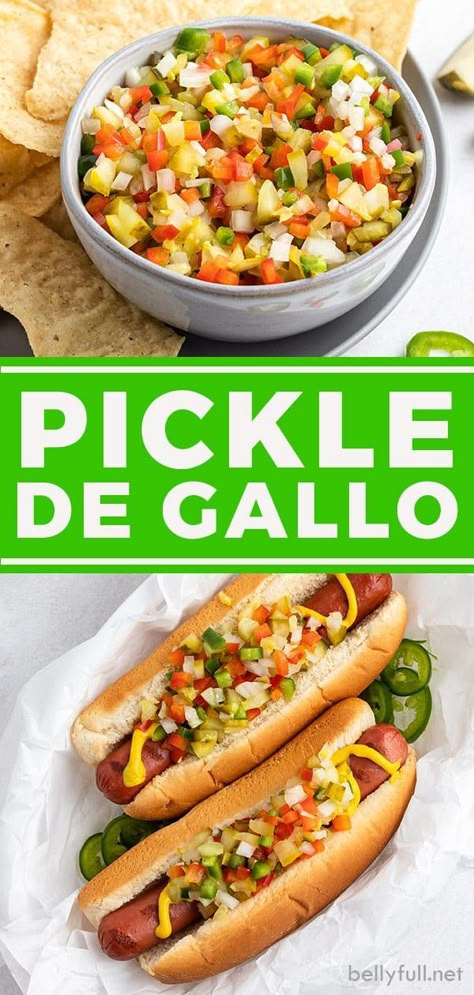 Pico de Gallo gets a fun twist with dill pickles in this Pickle de Gallo! Enjoy as a dip with chips, or relish for hot dogs and grilled chicken. Pickle Relish Recipe, Salsa Guacamole, Relish Recipes, Dill Pickles, Hot Dog Recipes, Pickling Recipes, Appetizer Dips, So Fresh, Tortilla Chips