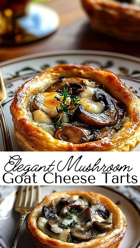 These mushroom and goat cheese tartlets are elegant and full of flavor. Ideal for entertaining, they feature a savory, creamy filling nestled in a flaky crust—a true delight for any gathering! Mini Mushroom Tarts, Savory Cheese Pie, Savoury Tarts Mini, Savory Cake Ideas, Tomato And Goat Cheese Tart, Mushroom Tart Recipes, Goat Cheese Vegetables, Savory Tarts Main Dishes, Wedding Starters Food Ideas