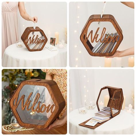 Personalized Wedding Hexagon Card Box | wood, money | 🥰🎉This personalized Wood Card Box in rustic style will help you store cards, money, or something else.👰‍♀🤵‍♂ | By Mypodart Wood Card Box, Islamorada Wedding, Personalized Wedding Card Box, Hexagon Cards, Celestial Boho, Money Box Wedding, Seed Kit, Wedding Card Box, Envelope Box