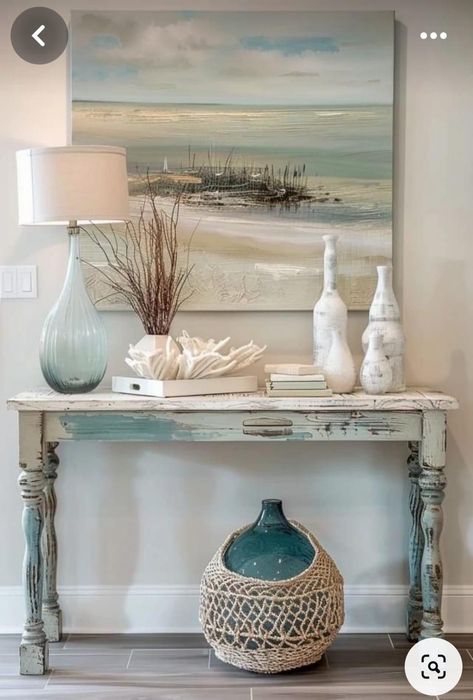 Beach Theme Entryway, Coastal Foyer Table Decor, Vintage Coastal Cottage Decor, Seaside Appartement, Entry Artwork Entryway Ocean Beach, Nortical Theme Bedroom, Coastal Foyer, Summer Room Decor, Boho Beach House