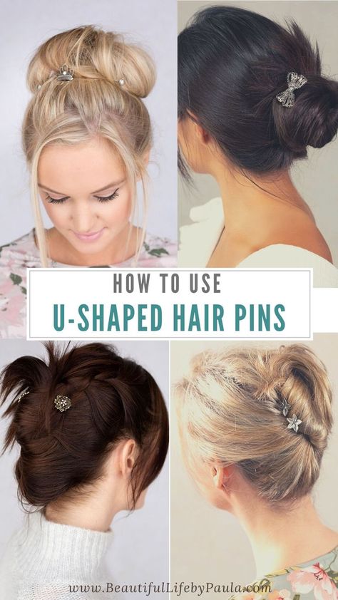 How to use U-shaped hair pins for perfect styling every time! U-pins are a beautiful alternative to bobby pins, that are comfortable and much simpler to use. Click to learn how to use u-pins in a bun, top knot bun, and French twist, step-by-step! | hair pins hairstyles | hair pin tutorial Hair Pins Hairstyles, Top Knot Bun, Wavy Hairstyle, Knot Bun, U Shaped Hair, Work Hairstyles, Fancy Hairstyles, French Twist, Good Hair Day