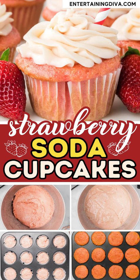 Strawberry Cupcakes With Cream Cheese frosting | Food  Drink Soda Pop Cupcakes, Cream Cheese Frosting Recipes, Strawberry Cupcakes With Cream Cheese, Light Cupcakes, Soda Cupcakes, Cake Mix And Soda, Cream Cheese Frosting Easy, Soda Cake, Strawberry Cream Cheese Frosting