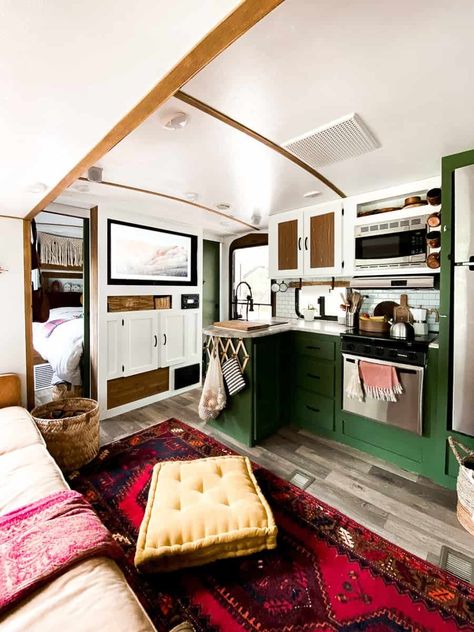 Camper Renovation DIY you must see! Wow! Bold colors, eclectic design, and just a gorgeous makeover all around! #camperrenovation #camperreno #rvrenovation #bohorvreno #rvreno #campermakeover Eclectic Camper Interior, Jayco Renovation, Airbnb Camper, Camper Living Hacks, Eclectic Camper, Colorful Camper, Caravan Renovation Diy, Rv Interior Remodel, Camper Interior Design