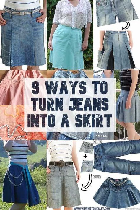 Refashion Jeans To Skirt Diy, Easy Denim Skirt Pattern, How To Make Skirt From Old Jeans, Diy Blue Jean Skirt, Denim Shorts Into Skirt Diy, How To Make Jean Skirts Out Of Jeans, Refashion Jeans To Skirt, Jean Into Skirt Diy, Converting Jeans To Skirt