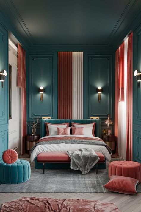 Luxurious bedroom with teal walls, coral and white accents, and elegant lighting. Teal And Coral Bedroom, Bedroom With Teal Walls, Teal Wall Bedroom, Calm Bedroom Aesthetic, Teal Wall Colors, Corner Accent Table, Teal Bedroom Ideas, Bedroom Teal, Bedroom Minimal