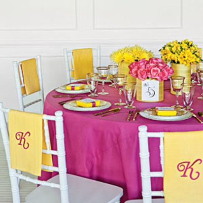 Vibrant Tables: coordinated linens make a pretty presentation, as do simple floral centerpieces. Dress up simple glass vases by wrapping them in ribbon and adding a table number written with elegant flourish. Hang dinner napkins, personalized with your monogram, on the backs of the chairs for added color. Pink And Yellow Wedding, Simple Floral Centerpieces, Pretty Presentation, Reception Table Decorations, Fish Fry, Southern Weddings, Yellow Wedding, Entertaining Ideas, Yellow And Pink