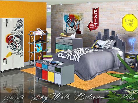 Bedroom for youth, inspired by urban art  Found in TSR Category 'Sims 3 Adult Bedroom Sets' Sims 3 Bedroom, Urban Bedding, Cluttered Bedroom, Sims 3 Cc, Sims 3 Cc Finds, Sims 4 Cc Kids Clothing, Sims 4 Bedroom, Sims 4 Downloads, Adult Bedroom