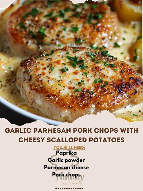 🧀🍖 Indulge in the ultimate comfort food with Garlic Parmesan Pork Chops and Cheesy Scalloped Potatoes—pure savory goodness! 🍽️✨ #ComfortFood #EasyDinners Garlic Parmesan Pork Chops with Cheesy Scalloped Potatoes Ingredients: Pork chops (4, bone-in or boneless) Parmesan cheese, grated (1/2 cup) Garlic powder (1 tsp) Paprika (1 tsp) Salt (1/2 tsp) Black pepper (1/2 tsp) Olive oil (2 tbsp) Yukon gold potatoes, thinly sliced (4 large) Heavy cream (1 1/2 cups) Cheddar cheese, shredded (1 cup) F... Garlic Parmesan Pork Chops With Cheesy Potatoes, Creamy Garlic Pork Chops With Cheesy Potatoes, Garlic Parmesan Pork Chops With Scalloped Potatoes, Garlic Parmesan Pork Chops With Cheesy Scalloped Potatoes, Garlic Parmesan Pork Chops And Potatoes, Porch Chop Dinner Ideas, Garlic Parm Pork Chops, Scalloped Potatoes And Pork Chops, Pork Chops And Scalloped Potatoes