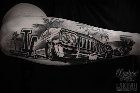 Low Rider Tattoo Design, Lowrider Tattoo Cars, Low Rider Tattoo, Impala Tattoo, Hollywood Tattoo, Lowrider Tattoo, Marilyn Monroe Tattoo, Black Men Tattoos, Los Angeles Tattoo