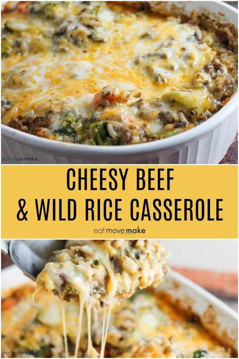 A deliciously comforting and cheesy ground beef and wild rice casserole recipe - the perfect marriage of comfort foods and easy dinners for families. Feel good food! Cheesy Wild Rice Casserole, Ground Beef And Celery Recipes, Rice Casserole Recipes Crockpot, Rice Dish Recipes, Beef Wild Rice Casserole, Easy Hot Dish Recipes, Healthy Hot Dish Recipes, Wild Rice Recipes Casseroles, Wild Rice And Beef Recipes