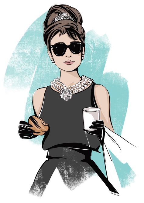 Audrey Hepburn Tiffany Breakfast, Tiffany Breakfast, Audrey Hepburn Art Illustrations, Breakfast At Tiffanys Aesthetic, Audrey Hepburn Decor, Tiffany N Co, Breakfast At Tiffany's Aesthetic, Audrey Hepburn Illustration, Audrey Hepburn Drawing