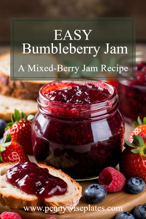 A jar of bumbleberry jam alongside fresh berries used to make the jam, with overlay text that reads "easy bumbleberry jam," highlighting a delicious homemade jam and mixed berry jam recipe. Bumbleberry Jam, Mixed Fruit Jam Recipe, Canning Preserves, Fruit Jelly Recipe, Berry Jam Recipe, Fruit Jam Recipes, Jam Canning, Mix Berry, Mixed Berry Jam