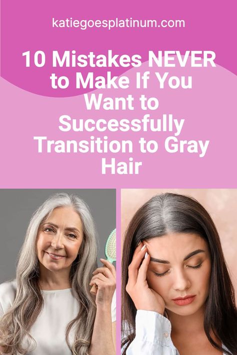 If you want to have an easy and successful gray hair transition, you'll definitely want to avoid making these 10 mistakes. Why? If you don't, you might find yourself rushing back to the dye bottle! Which is fine, of course, but if your goal is to grow out your naturally silver hair, avoiding these mistakes will help keep you on track and let you enjoy going gray instead of fearing it. How To Go Gray, Grey Hair Journey, Reverse Gray Hair, Gray Hair Transition, Going Gray Gracefully, Grey Hair Over 50, Grey Hair Transformation, Hair Transition, Grey Hair Inspiration