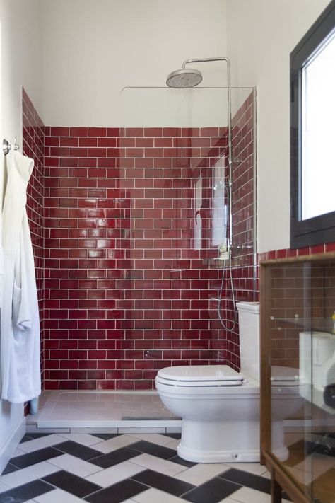 Red Tile Bathroom, Red Subway Tile, Red Bathroom Decor, Subway Tiles Bathroom, Red Tiles, Shower Drains, Bathroom Red, Unique Tile, Downstairs Bathroom