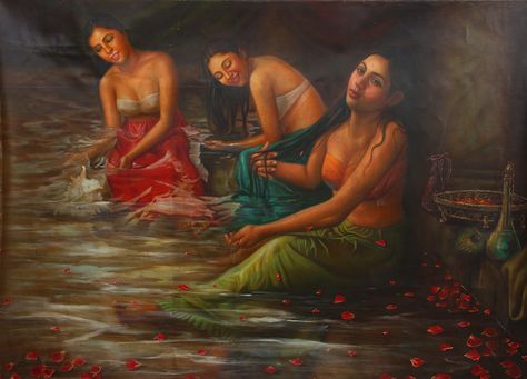 Women Bathing in River Ganga. The most revered river in India. It washes away the sins of those who bathe in its waters. Bathing In River, Book Paintings, India Palace, Indian Women Painting, Medieval Woman, River Painting, Oil For Dry Skin, Women Painting, Medieval Houses