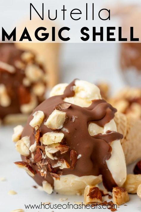 Diy Magic Shell, Magic Shell Ice Cream Topping, Magic Shell Recipe, Homemade Magic Shell, Nutella Ice Cream, Hazelnut Ice Cream, Ice Cream Recipes Machine, Magic Shell, Brownie Sundae