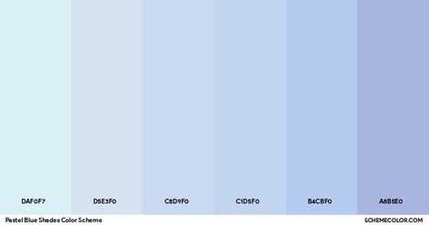 Pastel Blue Shades Color Scheme » Blue » SchemeColor.com Color Scheme Blue, Aesthetic Project, Purple Hex, Purple Names, Blue Shades Colors, Hexadecimal Color, Blue Names, White Names, Color Celeste