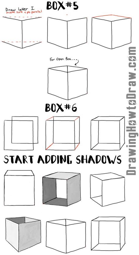 Learn how to draw boxes and cubes and shade them with easy step by step drawing lesson How To Draw 3d Shapes Step By Step, 3d Drawing Tutorial, 3d Drawing Techniques, Easy Step By Step Drawing, Sketching Tips, How To Draw Steps, Drawing Lesson, Art Help, How To Shade