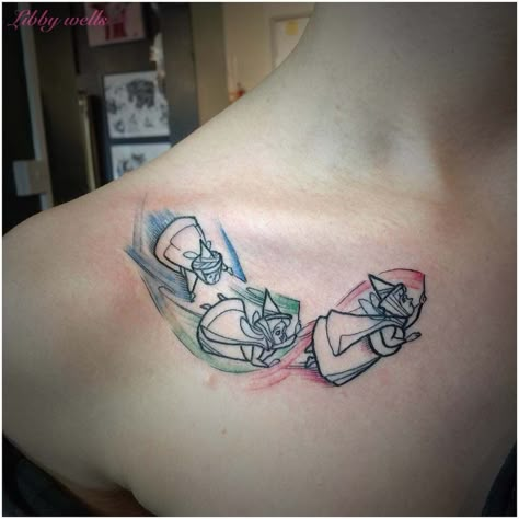 Flora Fauna Merryweather Tattoo, Disney Collar Bone Tattoo, Sleeping Beauty Tattoo Ideas, Beauty Tattoo Ideas, Sleeping Beauty Tattoo, Maleficent Tattoo, Flora Fauna And Merryweather, Collar Bone Tattoos, Disney Sleeve Tattoos