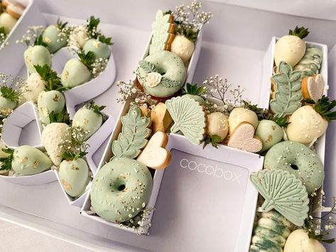 Number Dessert Boxes, Sage Chocolate Covered Strawberries, Letter Dessert Boxes, Letter Chocolate Covered Strawberries, Dessert Letter Box Ideas, Letter Treat Boxes, Engagement Treats, Fancy Sweets, Bridal Shower Sweets