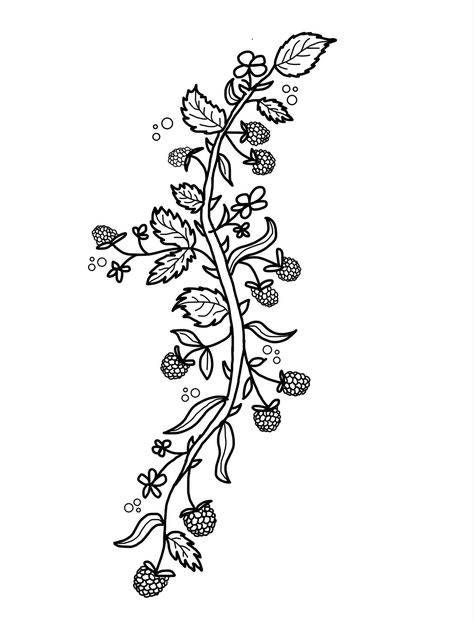 Black line art of blackberries, leaves, flowers, and little bubbles in a wavy line. Used as a tattoo reference image. Original art. Blackberry Branch Drawing, Berry Vines Tattoo, Bramble Drawing, Blackberry Bramble Tattoo, Vine Flowers Drawing, Vine Tramp Stamp, Blackberry Vine Tattoo, Bramble Tattoo, Blackberry Branch