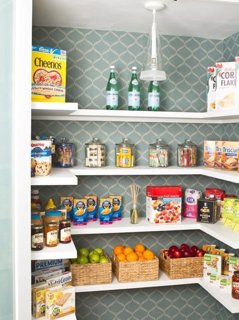 . Pantry Wallpaper, Pantry Wall, Organized Pantry, Pantry Shelving, Small Pantry, Pantry Closet, Eclectic Kitchen, Kitchen Pantry Design, Pantry Shelf