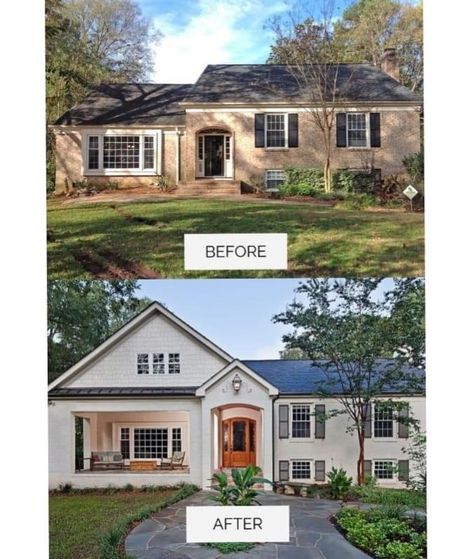 Transitional Front Porch, Split Level House Exterior, Split Level Remodel Exterior, Exterior Home Makeover, Front Porch Remodel, Addition Project, Front Porch Addition, Ranch House Remodel, Real Estate Goals