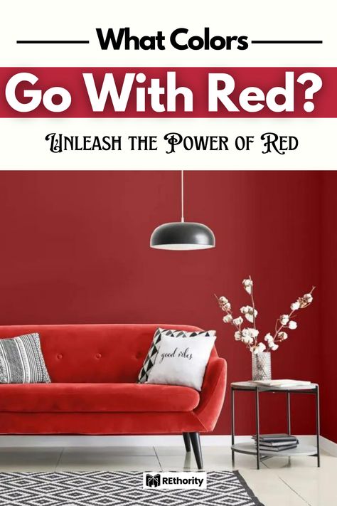 Unleash the boldness of red in your design! Explore our guide to colors that perfectly complement this passionate hue. Elevate your space with dynamic palettes and infuse your surroundings with the vibrant energy of red. Living Room Decor Red Couch, Decorating With Red, Wall Color For Red Couch, Modern Red Couch Living Room, Red Convertible Sofa, Red Shelves, Modern Sofa Red, Red Furniture, Colours That Go Together