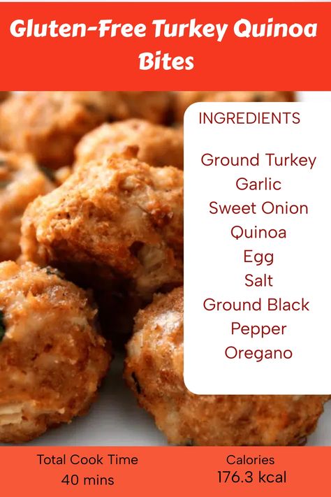 Gluten-Free Turkey Quinoa Bites Turkey Quinoa Meatballs, Mince Dishes, Quinoa Meatballs, Turkey Quinoa, Turkey Mince Recipes, Gluten Free Turkey, Quinoa Bites, Tasty Meatballs, Ground Meat Recipes