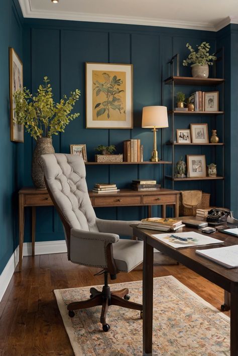 interior design services, home office decor, room design ideas, paint color trends Moody Home Offices, Dark Teal Home Office, Dark Teal Office Walls, French Blue Office, Colors That Go With Walnut Wood, Office Colors Ideas, Home Office Blue Walls, Color Drenched Office, Dark Teal Office