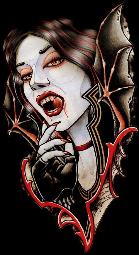 Dracula Tattoo Design, Vampire Lady Tattoo, Female Vampire Tattoo, Vampire Girl Tattoo, Temptress Tattoo, Vampire Tattoo Ideas, Vampire Tattoo Designs, Dracula Tattoo, Dracula Art