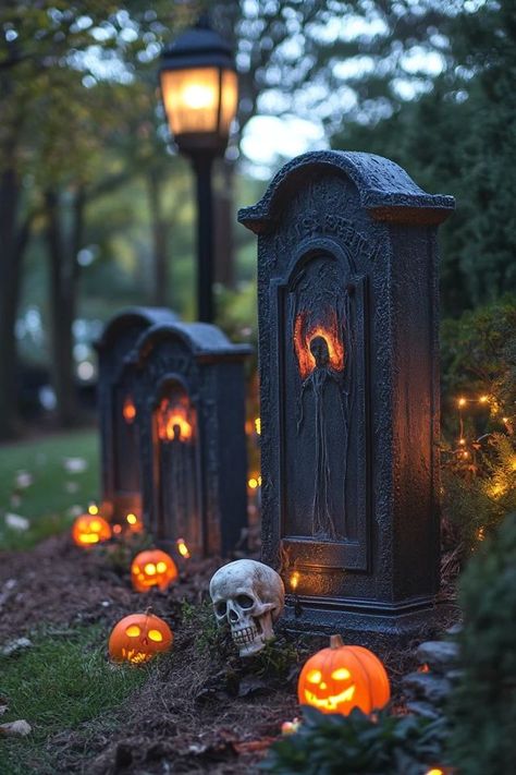 "Create a chilling atmosphere with DIY Tombstones and Graveyard Scenes! 🪦👻 Perfect for making your yard the creepiest on the block. 🌟✨ #HauntedGraveyard #HalloweenDIY #SpookyDecor" Graveyard Diy Decorations, Southern Gothic Graveyard, Haunted Cemetery Halloween, Front Yard Haunted House Ideas, Pet Sematary Halloween Decorations, Diy Halloween Tombstones Front Yards, Outdoor Halloween Graveyard Ideas, Grave Yard Decorations, Halloween Yard Diy