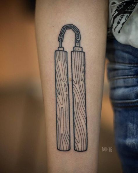 Nunchuck Tattoo, Nunchucks Tattoo, Nuke Tattoo, Magician Tattoo, Explore Tattoo, Inner Forearm, Nunchucks, Dark Art Tattoo, Wrist Tattoo