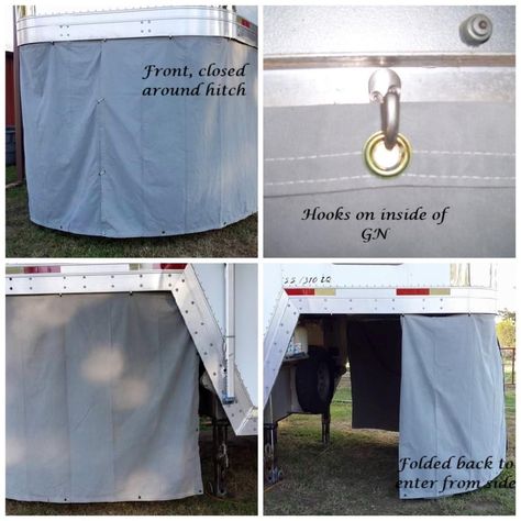 Horse Trailer Tack Room Storage Ideas, Curtains For Horse Trailer, Horse Trailer Water Tank Ideas, Camping In Horse Trailer, Gooseneck Horse Trailer Ideas, Horse Trailer Essentials, Horse Camping Hacks, Horse Trailer Upgrades, Cowboy Shower Horse Trailer