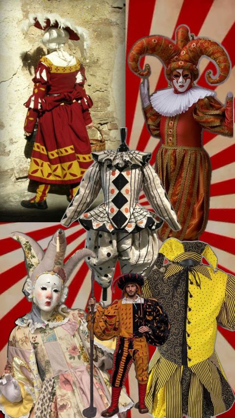 Collage depicting inspiration for a court jester costume inspired by 16th Century German Landsknecht fashion. Clown Theme Party, Court Jester Costume, Clown Creepy, Clown Theme, Jester Costume, Circus Aesthetic, Court Jester, Historical Clothing, 16th Century