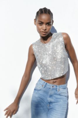 Zara Knitwear, Black Crop Tee, Strapless Dresses Short, Rhinestone Top, Strapless Crop Top, Denim Crop Top, Sequin Crop Top, Zara New, Zara Fashion