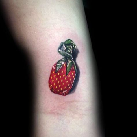 Candy Man Tattoo, Sweet Tart Tattoo, Sweets Tattoo Ideas, Strawberry Candy Tattoo, Haribo Tattoo, Sweet Tattoos Candy, Chocolate Tattoo Ideas, Sundae Tattoo, Halloween Candy Tattoo