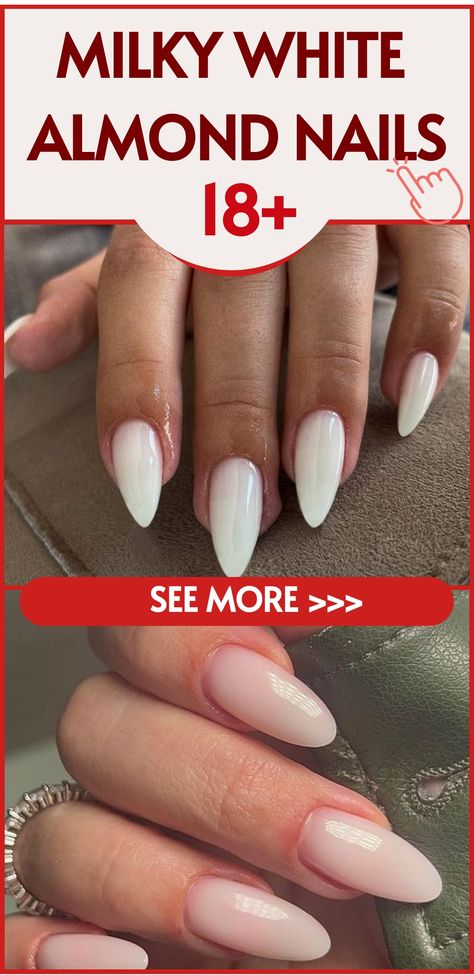 Enhance your style with the sophistication of milky white almond nails! This timeless and classy look exudes refined beauty, perfect for any occasion. Elevate your everyday style with this soft, creamy color that complements all outfits. Whether you're attending a special event or simply want to feel elegant in your daily life, milky white almond nails are a staple. Let your perfectly manicured nails steal the spotlight and boost your confidence effortlessly. White Gel Nail Designs, Baddie Almond Nails, Milky White Almond Nails, Chic Baddie, Classy Almond Nails, Bright Summer Acrylic Nails, Easy Nail Designs Summer, White Almond Nails, Blush Pink Nails