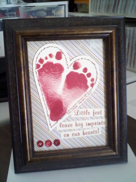 great idea for grandparents and greats! Little feet leave big imprints on our hearts! Footprint Crafts, Cadeau Parents, Footprint Art, Foot Print, Handprint Crafts, Mothers Day Crafts, Valentine Day Crafts, Baby Crafts, Valentine Crafts