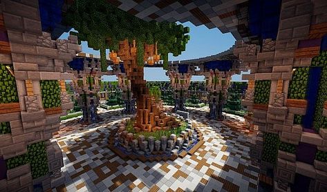 Spawn Base Minecraft, Spawn Point Builds Minecraft, Spawn Designs Minecraft, Minecraft Hub Design, Minecraft Spawn Area Ideas, Minecraft Hub Spawn, Minecraft World Spawn Ideas, Minecraft Realm Spawn Ideas, Minecraft Spawnpoint Ideas