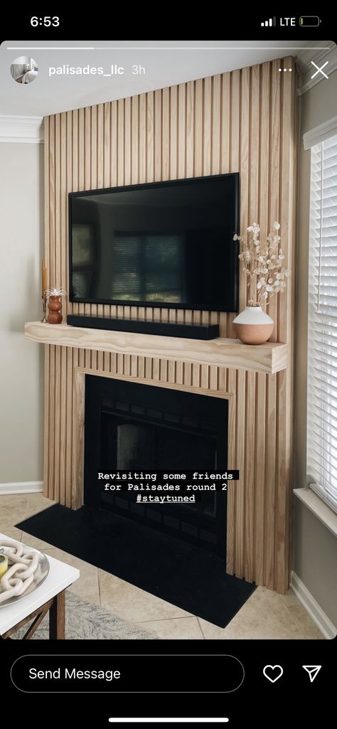 Slat Wall Living Room Fireplace, Fluted Room Divider, Tv Mantel No Fireplace, Vertical Wood Fireplace Wall, Slatted Wood Fireplace, Wood Slats Around Fireplace, Diy Wood Slat Fireplace Wall, Wall Slat Fireplace, Vertical Boards On Fireplace